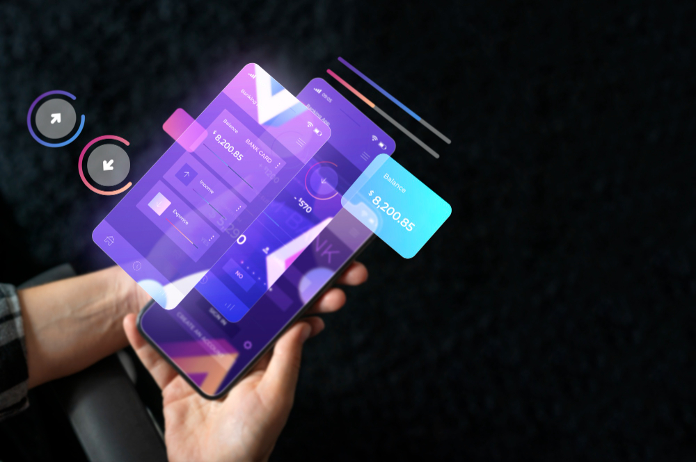 a person holding smart phone and its show some ui vitualization