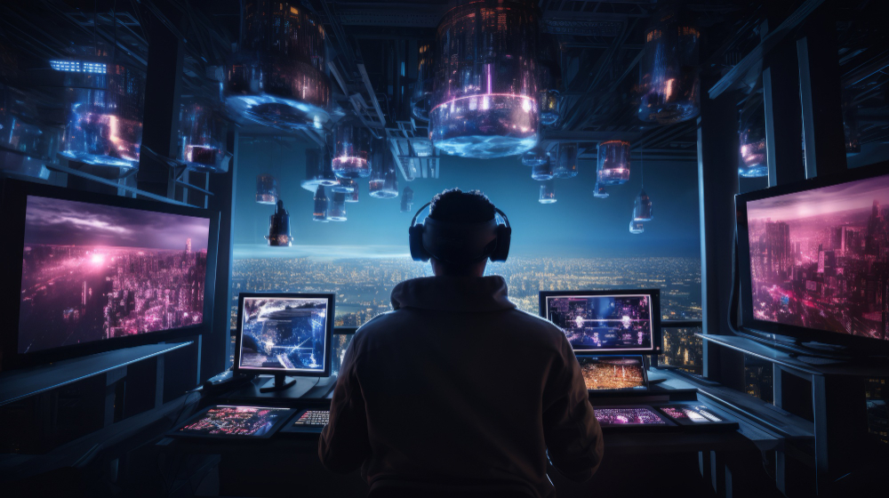 a guy front of multiple monitors and wearing headphone