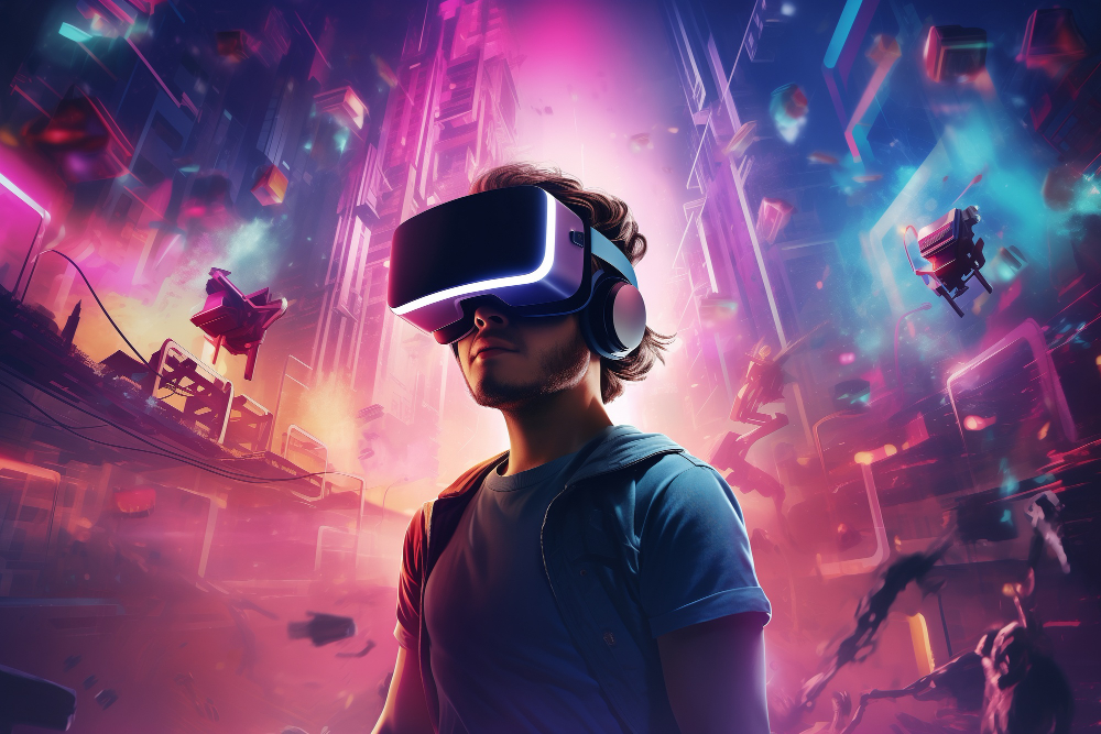 a guy wearing VR glasses